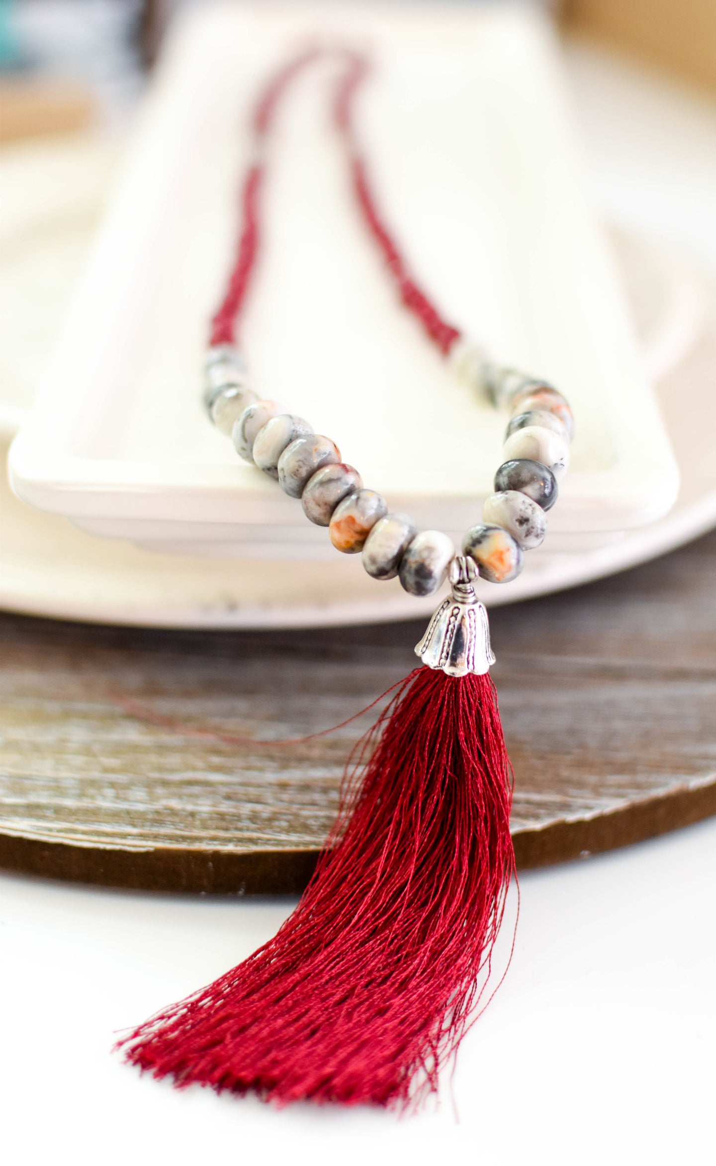 Ruby Jade and Mexican Crazy Lace Agate Tassel Necklace