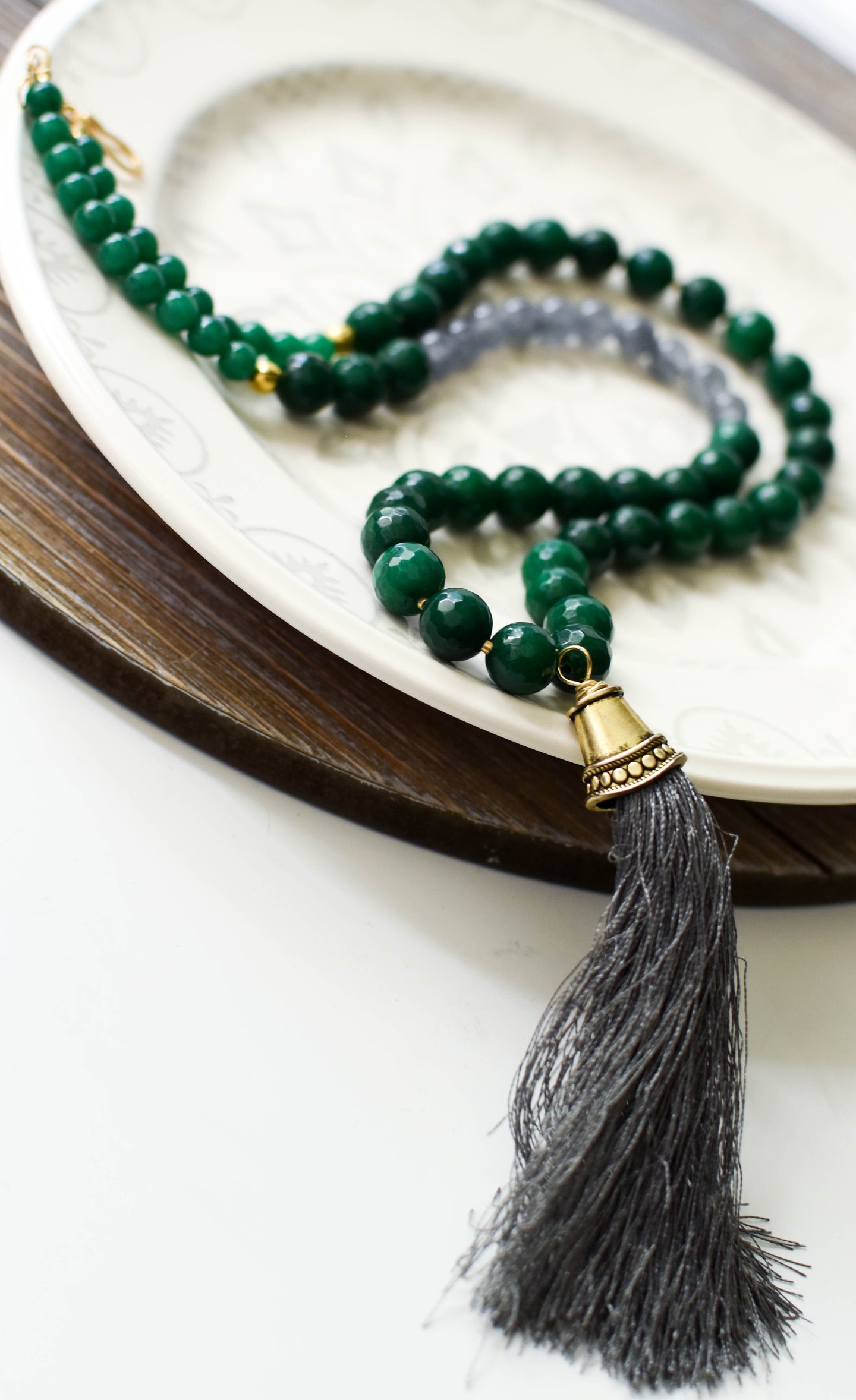 Emerald Green Jade and Gray Jade Tassel Necklace